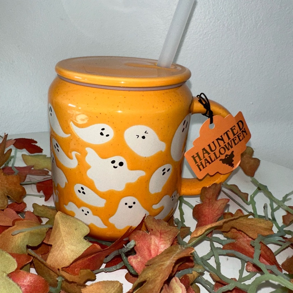 👻 Orange Ghost Mug w/ Straw | Haunted Halloween Cup 🎃